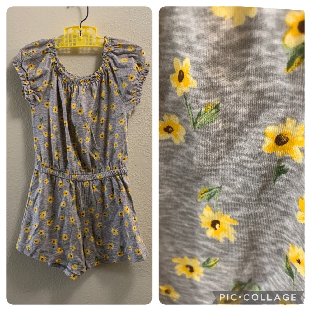 Old Navy Sunflower Romper Girl’s Size 6-7 Cotton Yellow Gray Grey Spring